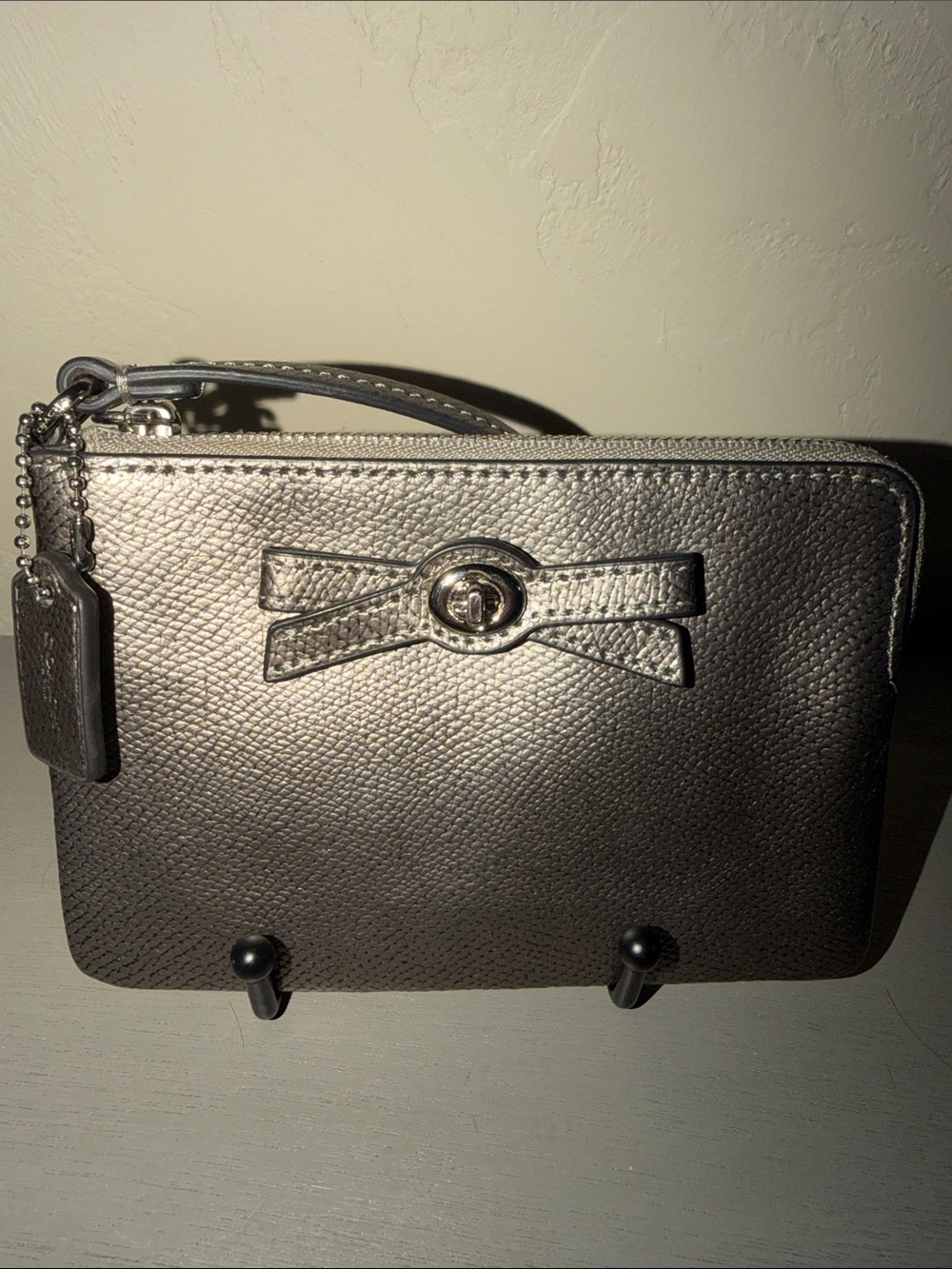 Coach Metallic Pewter Wristlet with Bow Detail